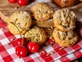 Oatmeal cookies snack and cherry breakfast close up