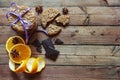 oatmeal cookies, tied with a ribbon, orange with zest and chocolate