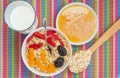 Oatmeal with dried fruit (apricots, dogwood, prunes), with honey and milk Royalty Free Stock Photo