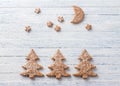 Oatmeal gingerbread cookies in the shape of Christmas tree sprinkled with powdered sugar Royalty Free Stock Photo