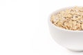 Oatmeal healthy uncooked dried flakes for muesli and breakfast porridge in white ceramic plate with place for text macro