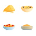Oatmeal icons set cartoon vector. Fresh porridge with various berry