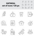 Oatmeal icons set vector in big and small size. Oat, flour bag. Cookies, package of milk, granola candy bar signs. Porridge in pot Royalty Free Stock Photo