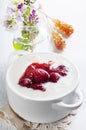 Oatmeal with milk and strawberry jam Royalty Free Stock Photo