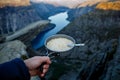 Oatmeal in a pan. Breakfast on trolltunga, troll tongue, the most famous showplace in Norway