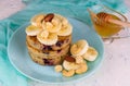 Oatmeal Pancakes Banana Honey Blue Plate Healthy Breakfast Concept