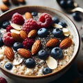 Oatmeal porridge adorned with almonds, ripe berries and nutritious chia seeds