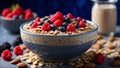 Oatmeal porridge adorned with almonds, ripe berries and nutritious chia seeds