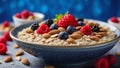 Oatmeal porridge adorned with almonds, ripe berries and nutritious chia seeds