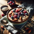 Oatmeal porridge adorned with almonds, ripe berries and nutritious chia seeds