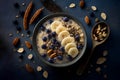 Oatmeal porridge with banana, blueberries and chia seeds in bowl on dark background