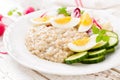 Oatmeal porridge with boiled egg and vegetable salad with fresh radish, cucumber and lettuce. Healthy dietary breakfast Royalty Free Stock Photo