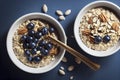 Oatmeal breakfast with blueberries and nuts, food photography and illustration