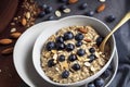 Oatmeal breakfast with blueberries and nuts, food photography and illustration