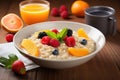 Oatmeal porridge with fresh berries and orange juice on wooden table, Chia seed pudding with strawberries, blueberries and banana Royalty Free Stock Photo
