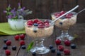 Oatmeal porridge with fresh blueberries, raspberries and cherries in glass bowl on wooden table Royalty Free Stock Photo
