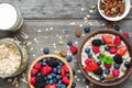 Oatmeal porridge with fresh blueberries, raspberries, nuts, seeds, milk and muesli