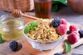 Oatmeal porridge with fresh strawberries and blackberries. Healthy breakfast, healthy eating, vegan food concept. Royalty Free Stock Photo