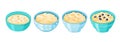 Oatmeal porridge. Plates of oats boiled porridge and healthy food. Vector cooking oatmeal seeds bowl on white background