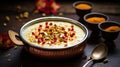 Oatmeal porridge with pomegranate seeds, nuts and honey Generative AI