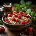 Oatmeal porridge with strawberry slices and nuts on bowl