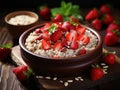 Oatmeal porridge with strawberry slices and nuts on bowl