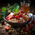 Oatmeal porridge with strawberry slices and nuts on bowl