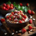 Oatmeal porridge with strawberry slices and nuts on bowl Royalty Free Stock Photo