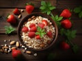 Oatmeal porridge with strawberry slices and nuts on bowl