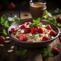 Oatmeal porridge with strawberry slices and nuts on bowl Royalty Free Stock Photo