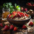 Oatmeal porridge with strawberry slices and nuts on bowl