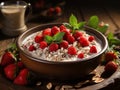 Oatmeal porridge with strawberry slices and nuts on bowl