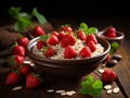 Oatmeal porridge with strawberry slices and nuts on bowl