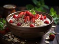 Oatmeal porridge with strawberry slices and nuts on bowl