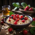 Oatmeal porridge with strawberry slices and nuts on bowl