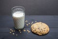 Oatmeal raisin cookie on black surface background, with glass of milk Royalty Free Stock Photo