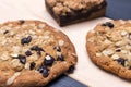 Oatmeal raisin cookies on wooden surface, close up macro