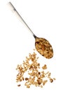 Oatmeal, raisins and almonds. Granola in metal spoon