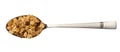 Oatmeal, raisins, cashews and almonds. Granola in metal spoon