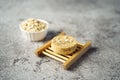 Oatmeal Soap on soap dish over gray background. Zero waste, natural organic bathroom tools. Plastic free life Royalty Free Stock Photo