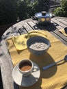 Oatmeal on the terrace in the sun In garden