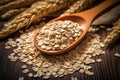 Oatmeal in wooden spoon with ripe oat ears and grains as background. Generative AI