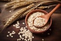 Oatmeal in wooden spoon with ripe oat ears and grains as background. Generative AI