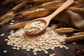 Oatmeal in wooden spoon with ripe oat ears and grains as background. Generative AI