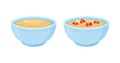 Oats bowl vector icon set. Oatmeal sweet with strawberry breakfast cup, oat grain porridge. Cartoon muesli, flake for healthy