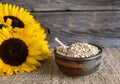 Bowl of oats rustic background Royalty Free Stock Photo