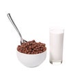 Oats chocolate cereal with glass of milk.