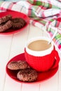 Oats cookies with chocolate spread and cup coffee. Christmas concept. Royalty Free Stock Photo