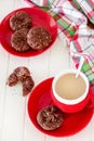 Oats cookies with chocolate spread and cup coffee. Christmas concept. White wooden background. Selective focus Royalty Free Stock Photo