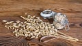 Oat flakes in glass jar. Dry cereal ears. Avena sativa Royalty Free Stock Photo